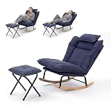 Fabulcozy Sillón Mecedor Regulable 3 Posiciones (90-120°) en Pana con Reposapiés Plegable y Cojín, Estructura Metálica y Patas de Madera de Hevea, para Salón, Dormitorio,Azul