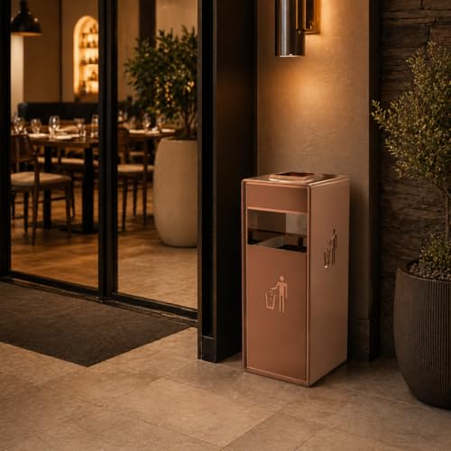 Outdoor Trash Can with Lid, 51L/13.5 Gal-Lockable Commercial Trash Can with Nature Stone Panels, Heavy-Duty Rustproof Metal Garbage Can with Removable Liner for Parks & Public Spaces (Gold, ash) - Image 6