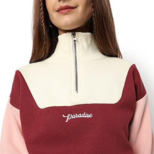 Image of PINACOLADA Women's Colorblock Sweatshirt with Ribbed Hem for Casual Wear | Low-High Neck | Long Sleeve | Button Closure | Cotton Sweatshirt Crafted with Comfort Fit for Everyday Wear