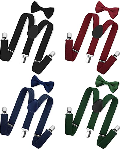 Opiniones de Tirantes para Niño los mejores 10. 44 SATINIOR Kids Suspender Bow Tie Sets 4 Sets Adjustable Braces with Bowtie Stretchy Toddler Boys Suspenders Bowties for Toddler Costume, Negro, rojo vino, azul marino, verde oscuro,...