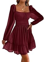 Imily Bela Damen Kleider Square Neck Partykleid Mesh Minikleid High Waist Falten Langarmkleid Hochzeitsgast mit Rüschen(Weinrot, M)