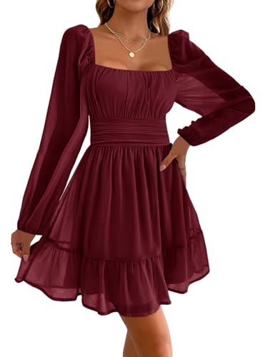 Imily Bela damklänningar, fyrkantig hals, festklänning, mesh, miniklänning, hög midja, vikning, långärmad klänning, bröllopsgäst med volanger, Vinröd, S