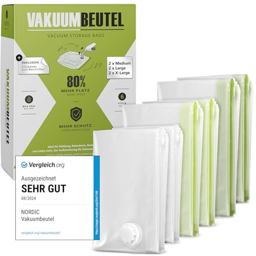 NORDIC® Vakuumbeutel für Kleidung – 6 Stück (2M+2L+2XL) – BPA Frei - Vakuumbeutel für Bettdecken –Vacuum Bags for Clothing – Vakuumierbeutel Kleidung – Vacuum Storage Bags - Vakuum Reisebeutel