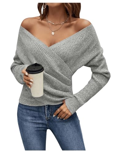 Image of SOLY HUX Women's V Neck Long Sleeve Off Shoulder Sweaters Criss Cross Wrap Ruched Pullover Fall Tops