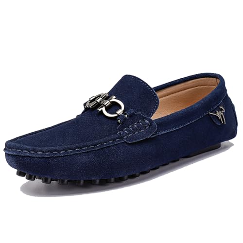 Men's Flat Loafers Suede Leather Driving Shoes with Metal Buckle Comfort Slip-On Moccasins Casual Boat Shoes