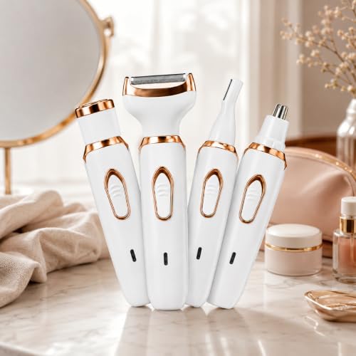 Depilador Feminino Elétrico 4 em 1 Recarregável USB Sem Fio | Aparador de Pelos para Corpo, Rosto, Buço, Nariz e Sobrancelhas | Portátil com 4 Cabeças Multifuncionais Bivolt