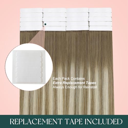 Image of Easyouth Human Hair Extensions Tape in Balayage 20 Inch Tape in Hair Extensions Human Hair Medium Brown Ombre Brown with Platinum Blonde Invisible Tape in Hair Extension 50g 20pcs