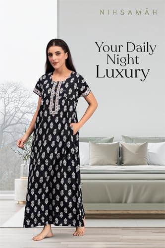 Image of NIHSAMAH Cotton Nighty for Women with Pocket, Premium Printed Long Nighty | Comfortable & Fancy Sleepwear /Nightwear