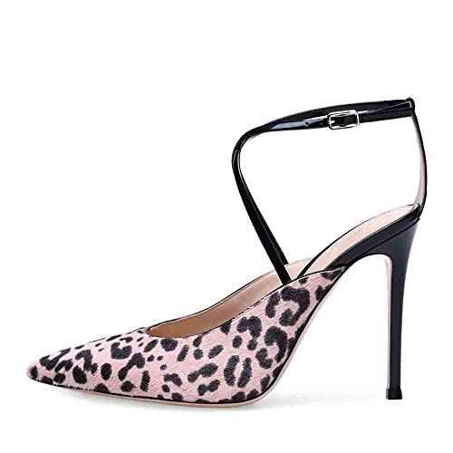 LEBE High Heels Pink Leopard Print Horsehair High Heel Pointed Toe Plus Size Slingback Banquet Fashion Shoes-Pink Leopard Print||39