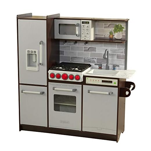 KidKraft Uptown Elite Espresso Play Kitchen with EZ Kraft Assembly, Lights and Sounds, Working Ice Maker and Click and Turn Knobs, Gift for Ages 3+