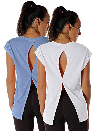 icyzone Open Back Workout Top Shirts - Yoga T-Shirts Activewear Exercise Tops for Women(Pack of 2) (M, White/Sky Blue)