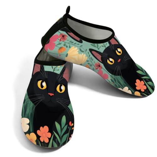 Zapatos acuáticos de playa para mujeres y hombres, de secado rápido, transpirables, antideslizantes, para piscina, surf, gato negro en flores de jardín, verde y negro, 37/38 EU