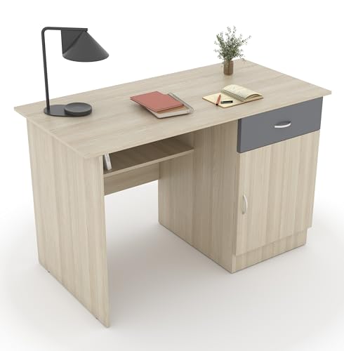 Image of Engineered Wood Study Table 120x60x75cm with Open Book Shelf 60x40x120 CM | Sturdy Computer Desk with Drawer, Cabinet & 4-Tier Book Storage /Display Organizer- Light Brown with Grey