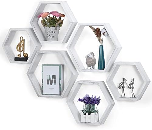 SEHERTIWY Hexagonal Floating Shelves Wall Mounted Set of 6 Wood Farmhouse Storage Honeycomb Wall Shelf for Bathroom, Kitchen, Bedroom, Living Room, Office,Driftwood Finish (Rustic White)