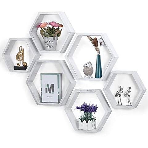 Hexagonal Floating Shelves Wall Mounted Set of 6 Wood Farmhouse Storage Honeycomb Wall Shelf for Bathroom, Kitchen, Bedroom, Living Room, Office,Driftwood Finish (Rustic White) Cover