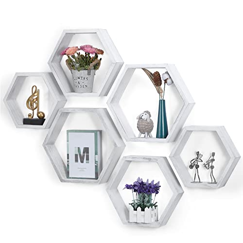 Sehertiwy Hexagonal Floating Shelves Wall Mounted Set Of 6 Wood Farmhouse Storage Honeycomb Wall Shelf For Bathroom, Kitchen, Bedroom, Living Room, Office,Driftwood Finish (Rustic White) #TOP3