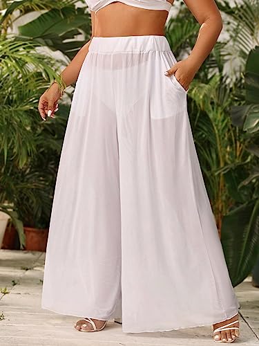 Floerns Women's Plus Size Sheer Mesh Elastic Waist Wide Leg Beach Cover Up Pants White 1XL3