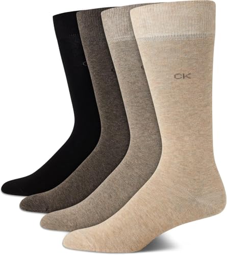 Calvin Klein Men's Dress Socks - 4 Pack Soft Cotton Blend Patterned Crew Socks for Men - Casual Mens Long Work Socks (7-12), Size 7-12, Tan Solid