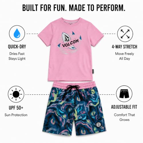Image of Volcom Baby Boys Swim Set - 2 Piece Short Sleeve Swim Shirt Graphic Tees & Board Shorts - Infant Toddler Little Boys Swimsuit