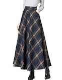 Women's Plaid Skirt Warm Elastic Waist Wool A-Line Pleated Tartan Winter Long Skirts(Dark Blue, S)