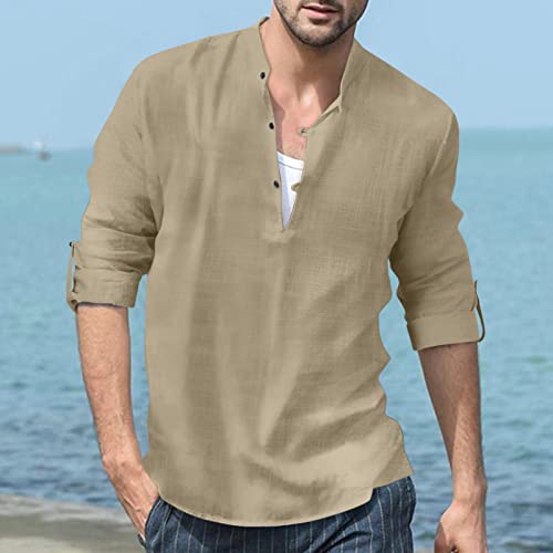 Mens Roll Long Sleeve Henley Shirts Linen Cotton Botton Down Beach Hippie Shirt Lightweight Curved Hem Tee Shirt2