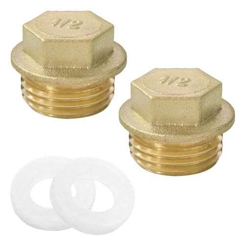 KtbeYTi 2 Piezas Tapones de Latón 1/2" Tapones Ciegos con Rosca Exterior y Junta de Goma para Tuberías de Agua Interiores/Exteriores y Jardín