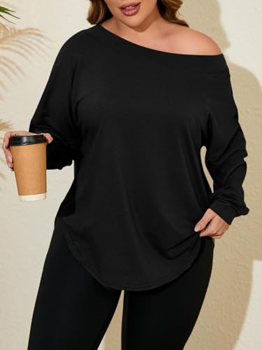 Beautife Women's Plus Size Tops Off Shoulder Long Sleeve Loose T Shirts Casual Curved Hem Tunics Tee Shirt2