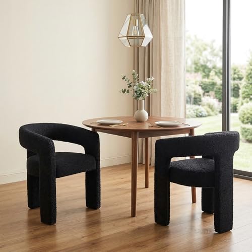Image of HNY Modern Barrel Kitchen & Dining Room Chairs Set of 2, Sherpa Upholstered Accent Chairs with Arm, 18.5'' Wide Side Armchairs Vanity Chairs for Living Room Bedroom Makeup Small Spaces, Black