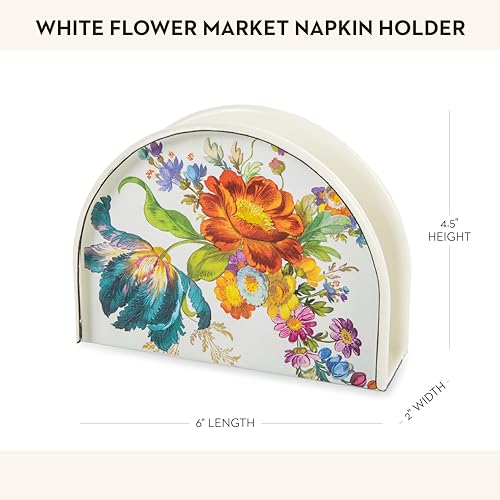 MACKENZIE-CHILDS Enamel Napkin Holder, Kitchen Napkin Holder for Table and Countertop, White Flower Market