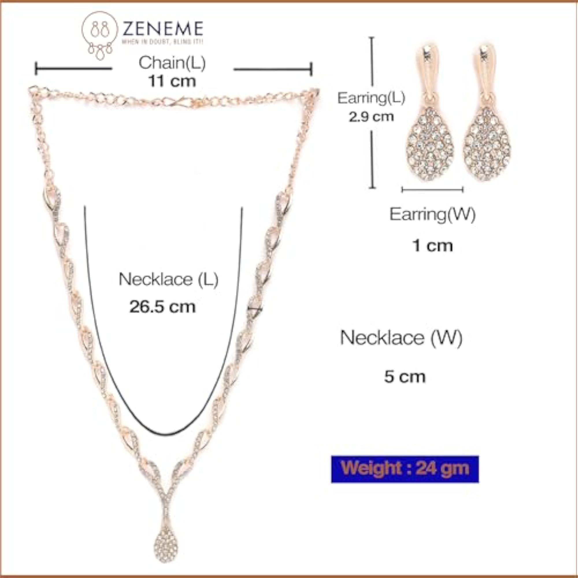 Teardrop Necklace & Earrings Set, CZ Studded, Oxidised Silver-Plated