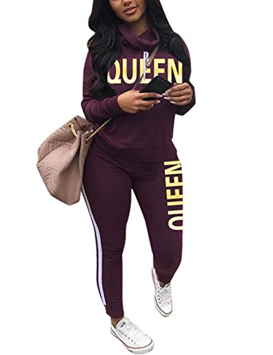 Jogging Suits for Women Letter Print 2 Piece Tracksuit Outfits Long Sleeve Pullover Tops and Pants Sets Purple 2XL