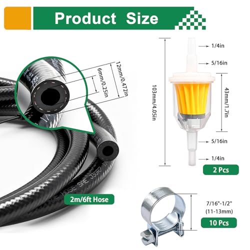 Image of 1 /4 Inch (6MM) ID Fuel Line Hose Kit: 2m /6ft Hose, 2 x 5 /16 inch Inline Filters with Magnet, 10 x Adjustable Mini Clamps (7 /16 inch-1 /2 inch) for conveying gasoline, E-85, diesel, and bio-diesel