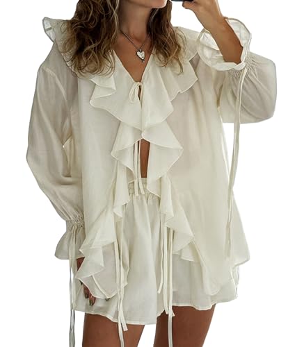 Womens 2 Piece Outfits V Neck Ruffle Tie Front Blouse Tops and High Waist Shorts Set Casualwears
