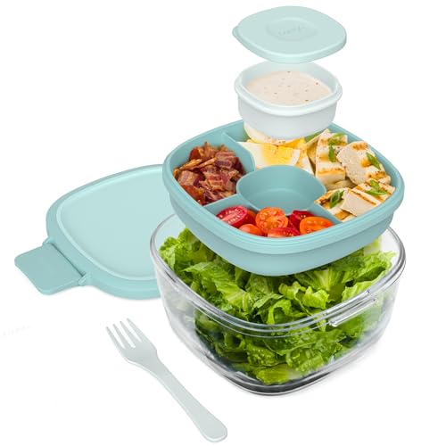 Bentgo Glass Salad Container with Airtight Lid & Leak-Proof Sauce Cup