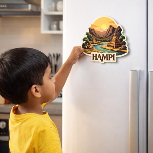 Image of Naxon Hampi City Theme Souvenir Wooden Fridge Magnet | Vijayanagara Ruins & Virupaksha Temple Design 3x3 Inch Refrigerator Magnet for Kitchen & Home Decor | Travel Gift from Hampi | Pack of 1