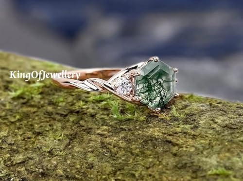 K O J 6 Prong Natural Moss Agate Gemstone Hexagon Shaped Engagement/Wedding Ring, Dainty Ring, Anniversary Ring, Bridal Ring, Vintage Ring, Best Gift For Her, Sterling Silver Ring, Stacking Ring3
