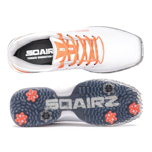 SQAIRZ Bold Men's Athletic Golf Shoes - Designed for Balance & Performance, Replaceable Spikes, Waterproof, White/Orange4
