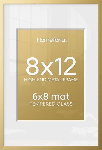 Image of Homeforia 8x12 Picture Frame Gold, High End Metal 8 x 12 Poster Frames with Mat 6 by 8 for Photo, 12x8 Frame Matted to 6x8 inch Print, 8by12 Wall or Tabletop Frames, Tempered Glass, Wall Kit, Set of 4