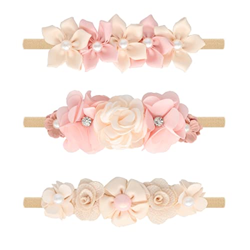 Image of WNYUJOY Baby Girl Flower Headbands Set, 3pcs Elastic Nylon Floral Hair Band, Bows Wrap for Infant Newborn Toddler