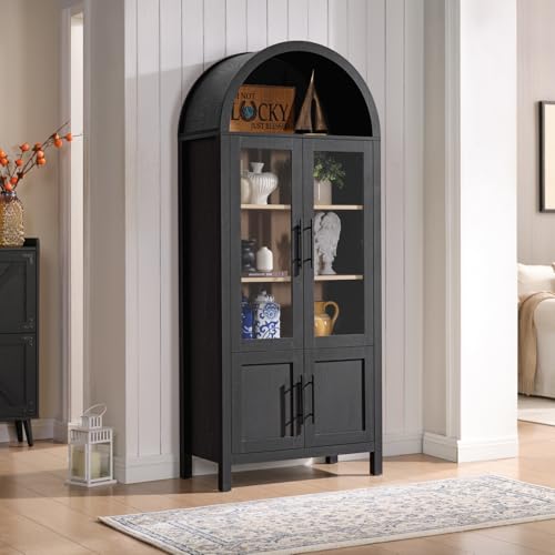 71" Tall Arched Display Cabinet, 5-Tier Bookshelf Modern Farmhouse Arched Bookcase with Glass Doors and Shelves, Wooden Pantry Storage Cabinet for Living Room, Office and Kitchen, Black