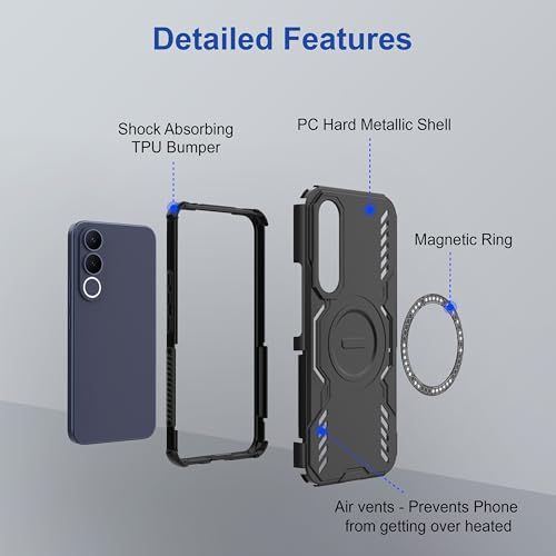Image of Zapcase Back Case Cover for Vivo V70 FE | Magnetic Case with Built-in Metal Ring | Supports MagSafe Charger, Wallet & Car Mount | Shockproof Hybrid PC + TPU | Black