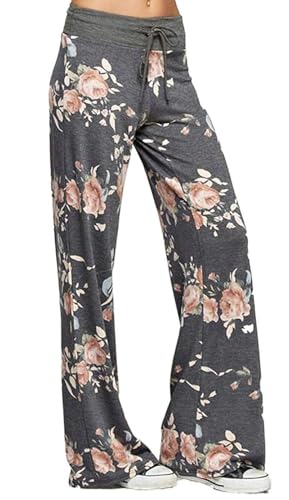Image of Elsofer Women's Comfy Lounge Pants Soft Floral Pajama Pants Loose Drawstring Wide Leg Palazzo Pants for Sleep, Casual Wear