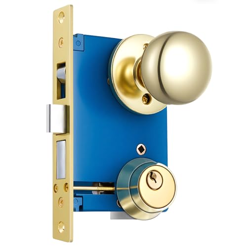 Tandefio 1 Set Double Cylinder Mortise Lock Iron Gate Ornamental Latch Set with 2-1/2 Backset 1 X 7-1/8 Faceplate Polish Brass(Right Hand Reverse Brass)
