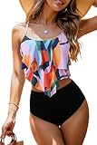 Womens High Waisted Bathing Suits Flounce Halter Tank Top Bikini Bottoms Tummy Control Modest Swimwear Two Piece Swimsuits Tankini Colorful Print XL