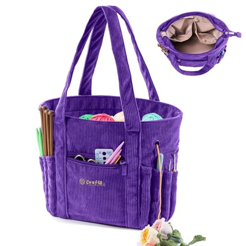 Image of MYBAGZING Crochet Bag and Tote - Corduroy Yarn Bag - Yarn Holder for Crocheting - Crochet Storage Bag for Crochet Hooks, Crochet Accessories, Knitting Bag for Crochet Lovers, Mother's Day Gift