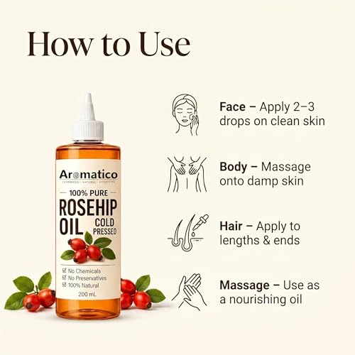 Image of AROMATICO Cold Pressed Rosehip Oil for Skin - Anti-Ageing Face Oil for Dark Spots, Wrinkles & Skin Glow | Rosehip Oil for Hair Nourishment | 200ml