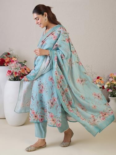 Image of INDO ERA Women's Straight Linen Floral Printed Embroidered Kurta & Pant with Dupatta Set
