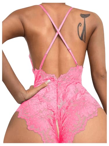 Image of SOLY HUX Women's One Piece Lingerie Sexy Lace Babydoll Deep V Teddy Criss Cross Backless Teddy Mini Bodysuit