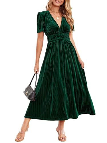 Sissyaki Women's Retro Solid Velvet Long Dress Wedding Guests Formal Party Maxi Dress CDark Green Large
