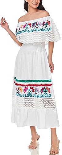 Image of YZXDORWJ Women Embroidered Mexican Peasant Casual Sexy Lace Off-Shoulder Long Dress